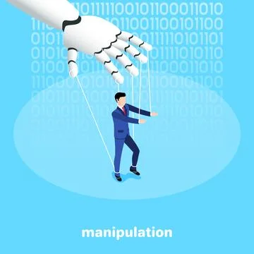 Isometric image on a blue background, a robot hand manipulates a man in a b.. Stockillustratie
