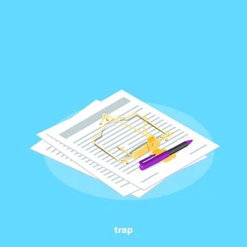Isometric image on a blue background, sheets of paper like a mousetrap and pe Stock Illustration