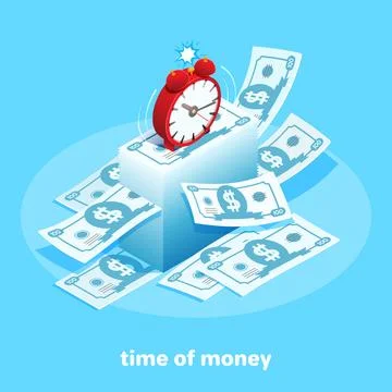 Isometric image on a blue background, a stack of money with flying bills an.. Stock Illustration
