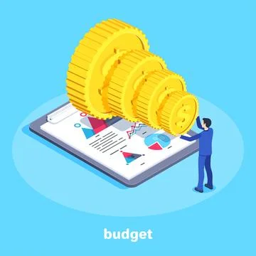 Isometric image on a blue background on the theme of finance, a man in a busi Stock Illustration