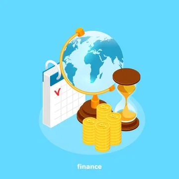 An isometric image, columns with gold coins stand next to an hourglass and a  Illustrazione stock