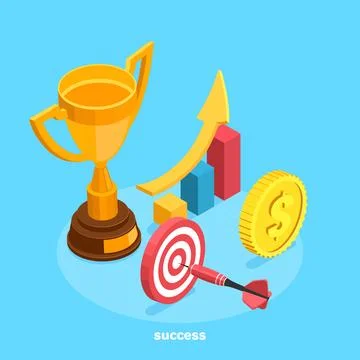 Isometric image, the cup stands next to the target and a large gold coin Stock Illustration