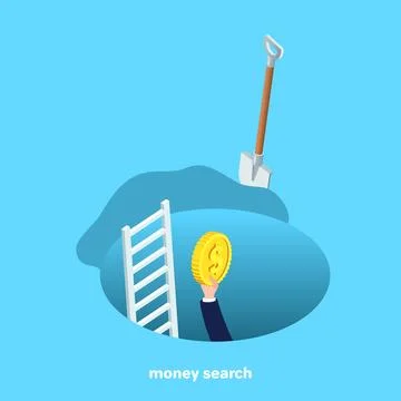 An isometric image, a deep hole dug with a shovel with a ladder and a hand wi Stock Illustration