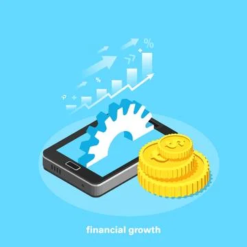 Isometric image, gold coins next to the smartphone on the screen which shows  Stock Illustration