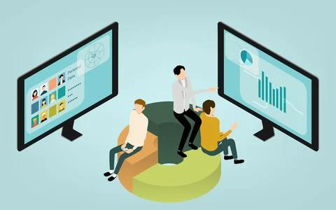 Isometric, image illustrations of people in online meetings Stock Illustration