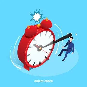 Isometric image, red alarm clock hit the minute hand of a man in a business s Illustrazione stock
