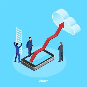Isometric image, red arrow coming out of the smartphone screen and cloud, peo Stock Illustration