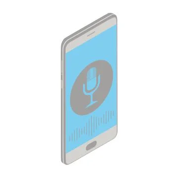 Isometric image of a smartphone with a microphone button and sound waves. Stock Illustration