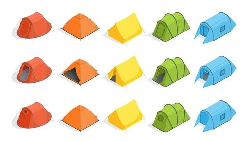 Isometric image on white background, types of camping tents, set of images Stock Illustration