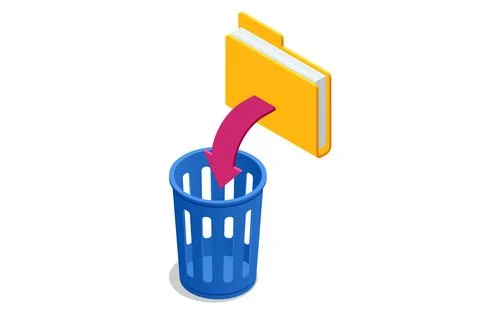 Isometric inbox organisation and clean-up, spam email envelopes with trash can Illustrazione stock