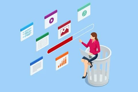 Isometric inbox organisation and clean-up, spam email envelopes with trash can Stock-Illustration