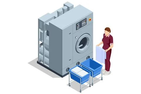 Isometric industrial dry cleaning machine with female worker, folded towel and Stock Illustration