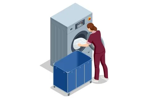 Isometric industrial dry cleaning machine with female worker, folded towel and Stock Illustration