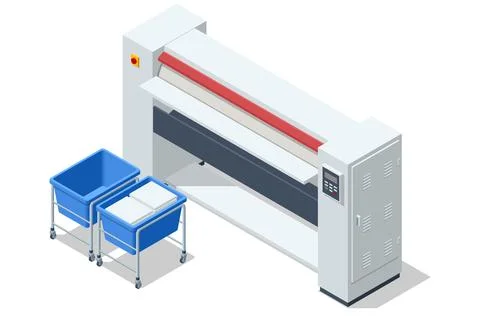 Isometric industrial flatwork ironer with clean linen carts in a commercial Stock Illustration