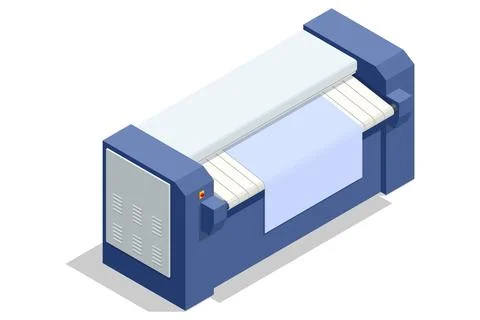 Isometric industrial laundry ironer with worker feeding linen and metal trolley Stock Illustration