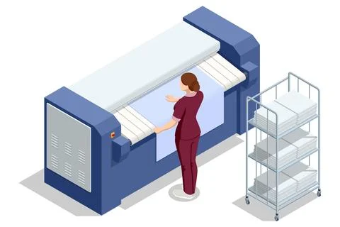 Isometric industrial laundry ironer with worker feeding linen and metal trolley Stock Illustration