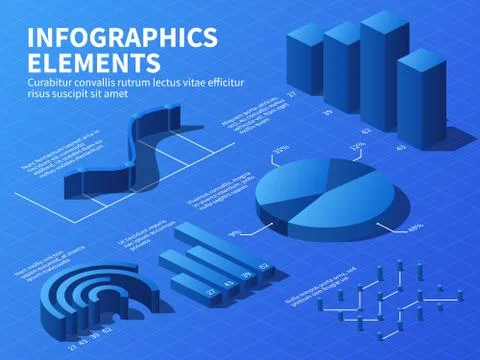 Isometric infographic. 3d statistics graphs and growth charts, percentage Stock Illustration