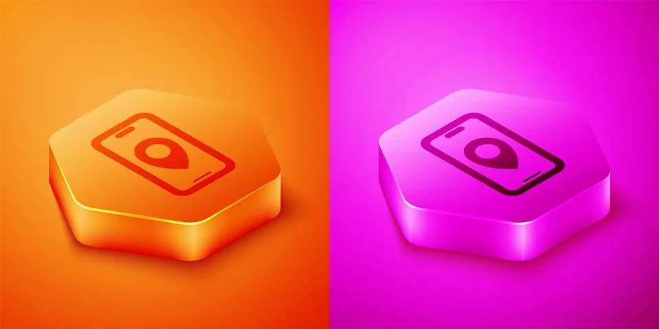 Isometric Infographic of city map navigation icon isolated on orange and pink Stock Illustration