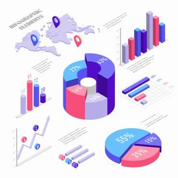 Isometric infographic elements with charts, diagram, pie chart, world map with Stock Illustration