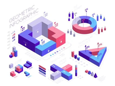 Isometric infographic elements with geometric shapes, icons, graphs, pie diagram Stock Illustration
