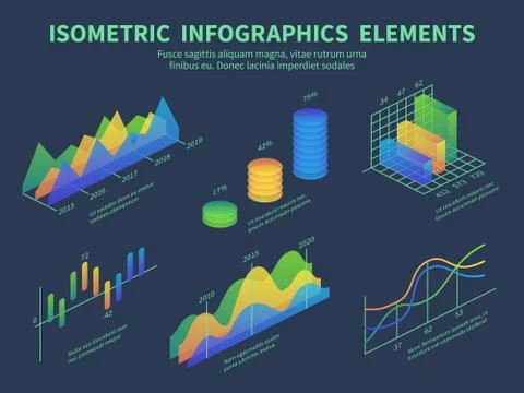 Isometric infographics. Presentation graphics, statistics data layer charts and Illustrazione stock