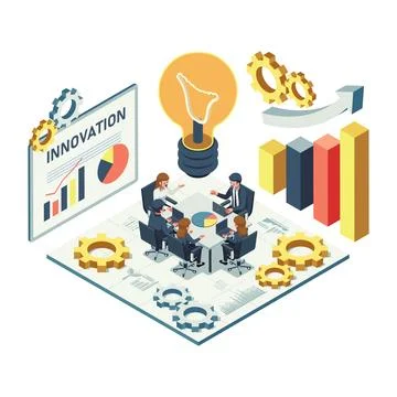 Isometric Innovation Hub with Innovators in Collaborative Workspace Stock Illustration