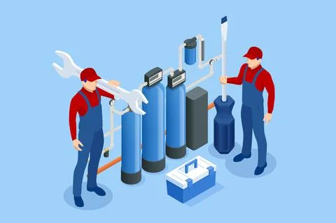 Isometric installing or repairing system of water filtration at home concept Stock Illustration
