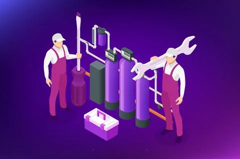 Isometric installing or repairing system of water filtration at home concept Stock Illustration