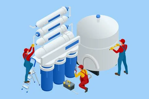 Isometric installing or repairing system of water filtration at home concept Stock Illustration