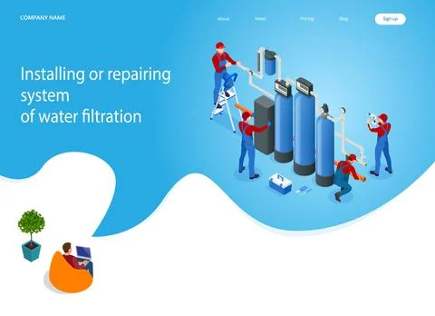 Isometric installing or repairing system of water filtration at home concept Stock Illustration