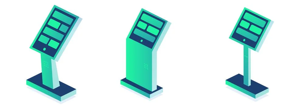 Isometric interactive kiosk. Self service terminal in bank or on train stat.. Illustrazione stock