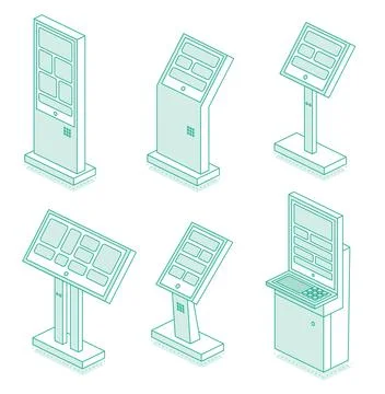 Isometric interactive kiosk set. Self service terminal in bank or on train .. Stock Illustration