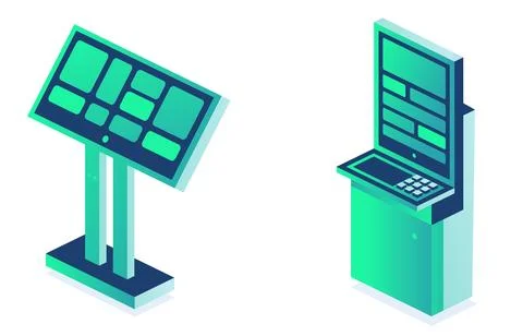 Isometric interactive kiosk set. Self service terminal in bank or on train .. Illustrazione stock