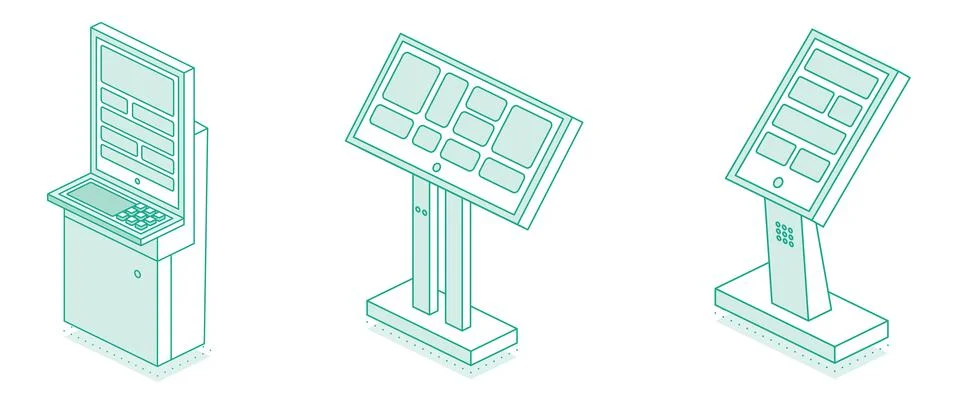 Isometric interactive kiosk set. Self service terminal in bank or on train .. Stock Illustration
