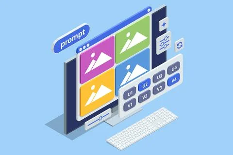 Isometric interface for AI image generation with prompts and variation buttons Stock Illustration