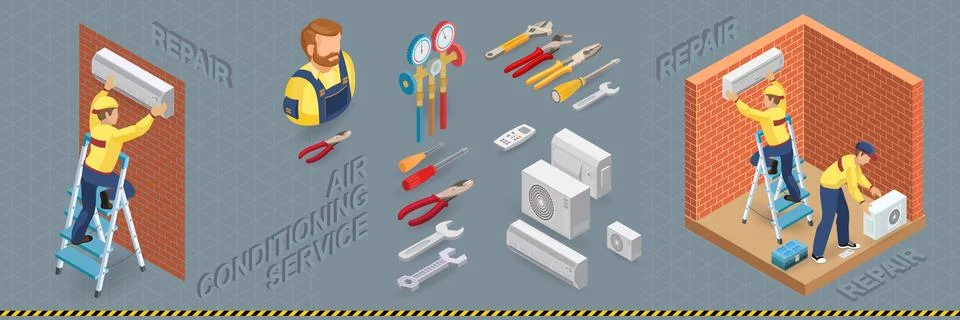 Isometric interior repairs concept. System of air conditioning. Stock Illustration