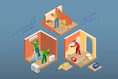 Isometric interior repairs concept. Vector flat 3d illustration. Illustrazione stock