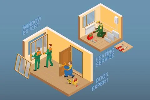 Isometric interior repairs concept. Vector flat 3d illustration. Illustrazione stock