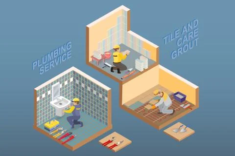 Isometric interior repairs concept. Vector flat 3d illustration. Illustrazione stock