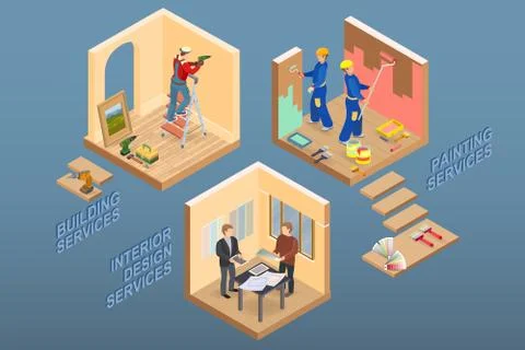 Isometric interior repairs concept. Vector flat 3d illustration. Illustrazione stock