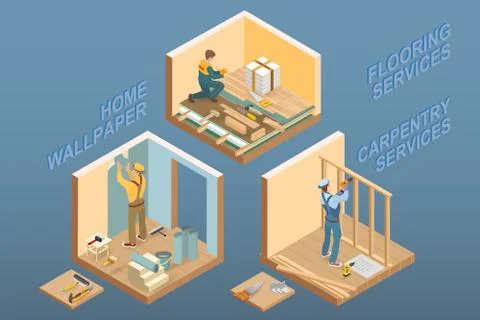 Isometric interior repairs concept. Vector flat 3d illustration. Stock Illustration