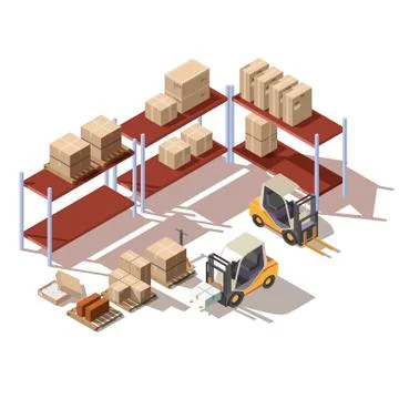 Isometric interior of warehouse with forklift Illustrazione stock
