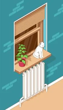 Isometric interior window with heating radiator Stock Illustration