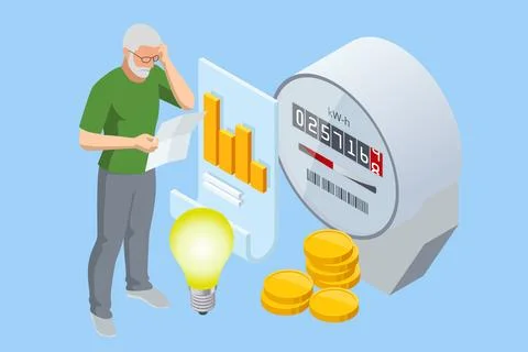 Isometric invoice and electricity meter. Utility bills payment. Electricity Stock Illustration