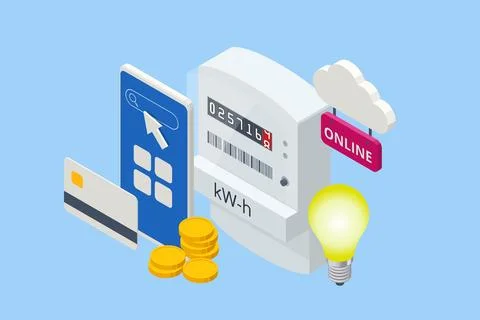 Isometric invoice and electricity meter. Utility bills payment. Electricity Stock Illustration