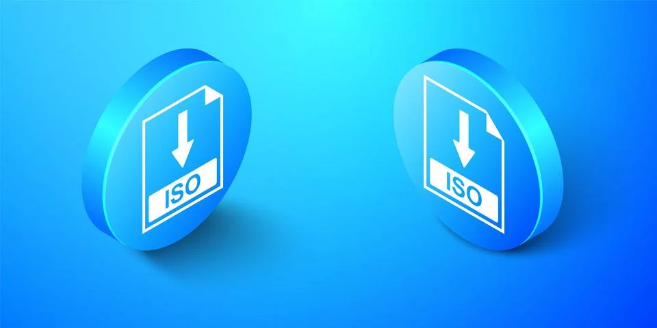 Isometric ISO file document icon. Download ISO button icon isolated on blue Stock Illustration