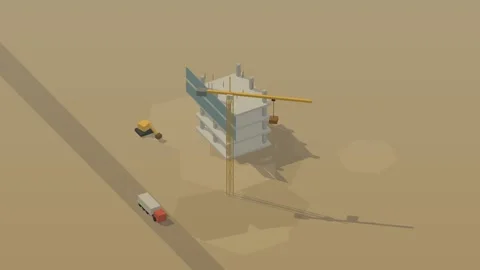 Isometric isometric construction site tower crane building sunset loop rotating Stock Footage 340333088
