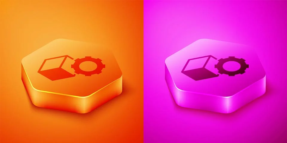 Isometric Isometric cube icon isolated on orange and pink background. Geometr Stock Illustration