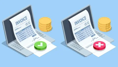 Isometric Isometric E-invoice and digital payment. Features laptop, dollar coins Stock Illustration
