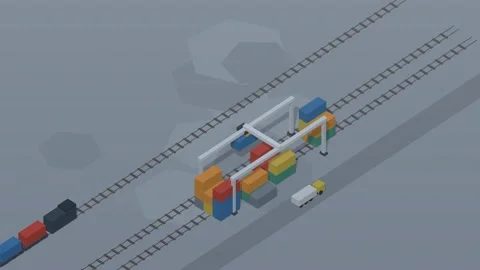 Isometric isometric freight rail yard container gantry crane cool loop rotating Stock Footage 340333281